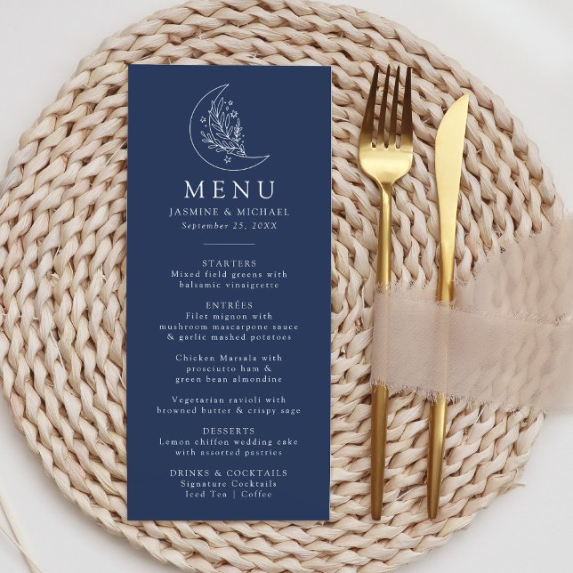 Menu Élégant Mariage Botanique Lune et Étoiles Bleu Mar (Créateur téléchargé)