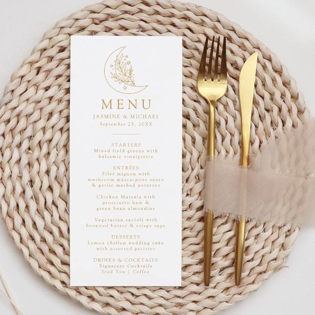 Menu Élégant Mariage Botanique Lune et Étoiles Or (Créateur téléchargé)