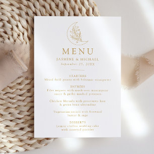 Menu Élégant Mariage Botanique Lune et Étoiles Or