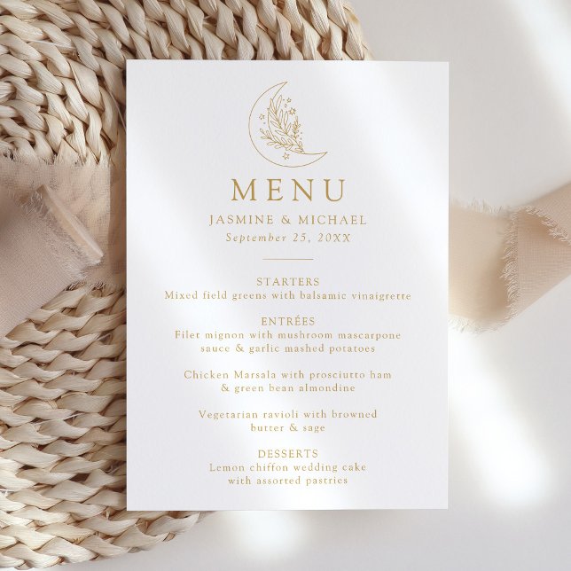 Menu Élégant Mariage Botanique Lune et Étoiles Or (Créateur téléchargé)