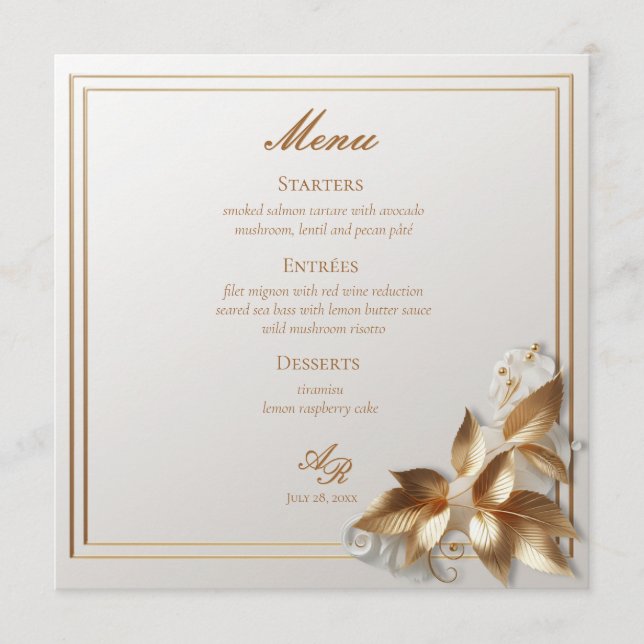 Menu Élégant mariage botanique or  (Devant)