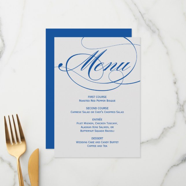Menu Élégant mariage calligraphié bleu gris (Devant/Arrière en situation)