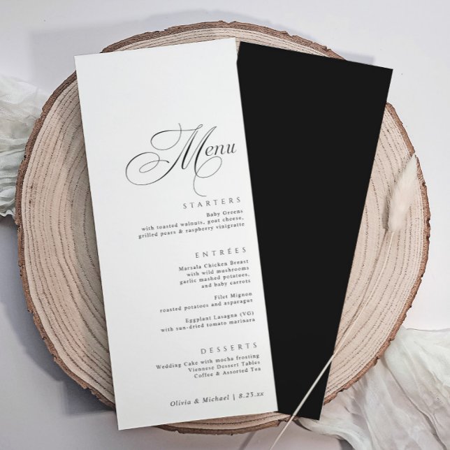 Menu Élégant Mariage Calligraphie Luxe (Elegant calligraphy wedding menus with ornate calligraphy and black back.)
