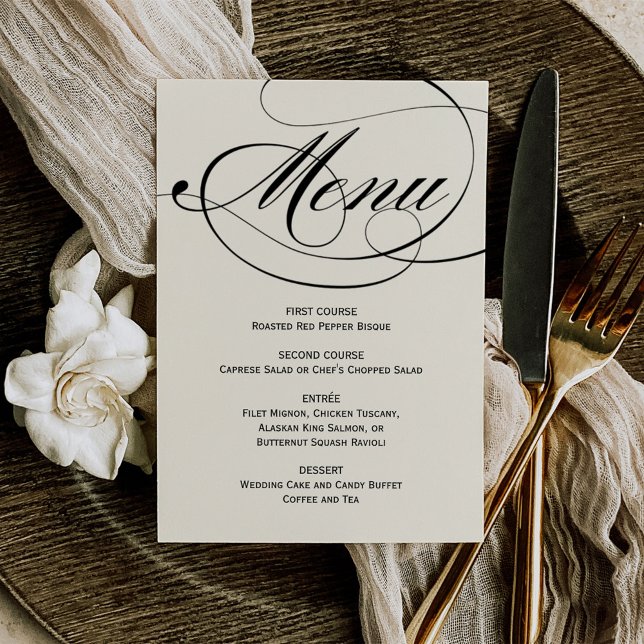 Menu Élégant mariage calligraphié noir et ivoire (Créateur téléchargé)