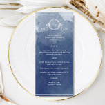 Menu Elégant Mariage couleur d'aquarelle bleu marine<br><div class="desc">Dégustez vos invités avec ce beau menu de mariage couleur marine bleu et blanc, avec un élégant monogramme botanique dessiné à la main avec les initiales du couple en blanc sur un arrière - plan de lavage d'aquarelle exquis dans un beau mélange de teintes marine et bleue. Facile à remplir...</div>