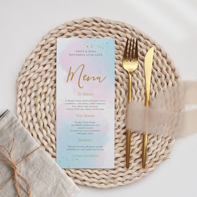 Menu Elégant Mariage d'Aquarelle bleu rose or (Créateur téléchargé)
