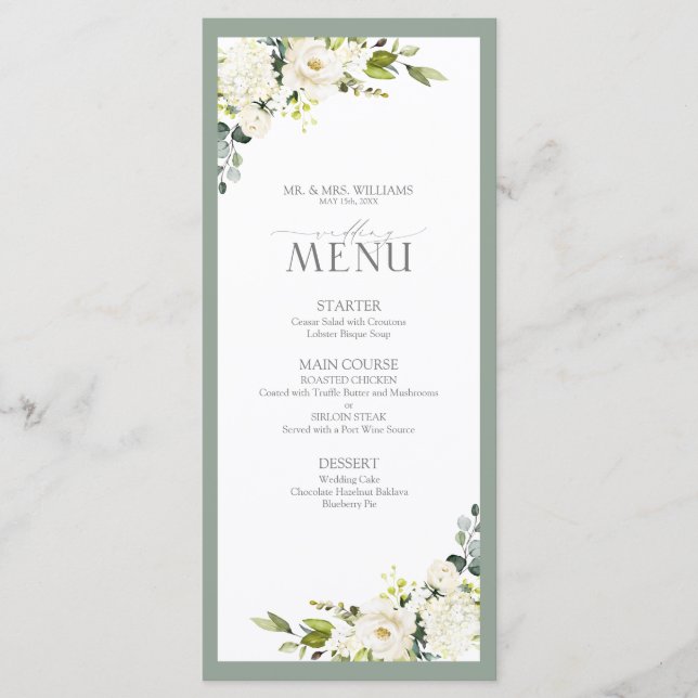 Menu Elégant Mariage d'aquarelle gris blanc vert (Devant)