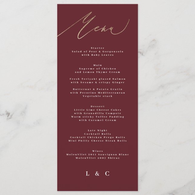 Menu Élégant Mariage de calligraphie bordeaux rouge fon (Devant)