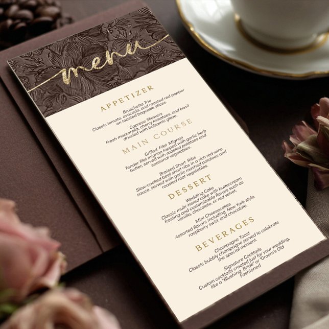 Menu Élégant Mariage de chocolat Mocha (Highlight your reception meal with this elegant chocolate mocha embossed floral menu card. Perfect f)