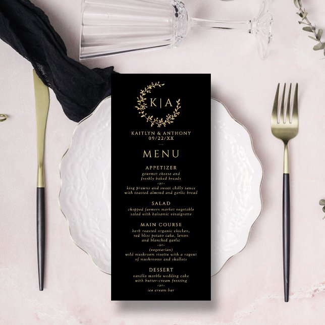 Menu Élégant Mariage de couronne de monogramme noir et  (Créateur téléchargé)