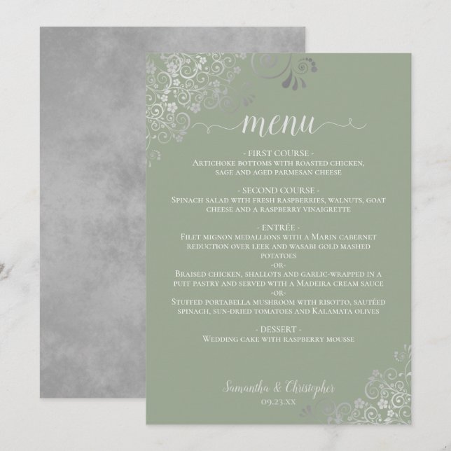 Menu Élégant Mariage de dentelle argenté Sage Green (Devant / Derrière)