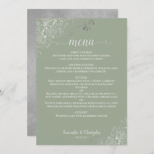 Menu Élégant Mariage de dentelle argenté Sage Green