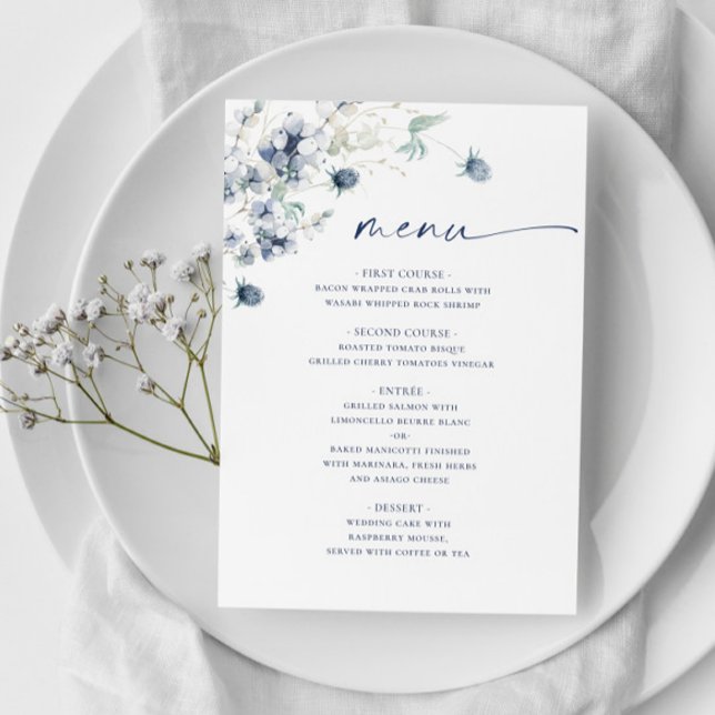 Menu Élégant Mariage de feuillage d'hiver bleu Dusty (Créateur téléchargé)