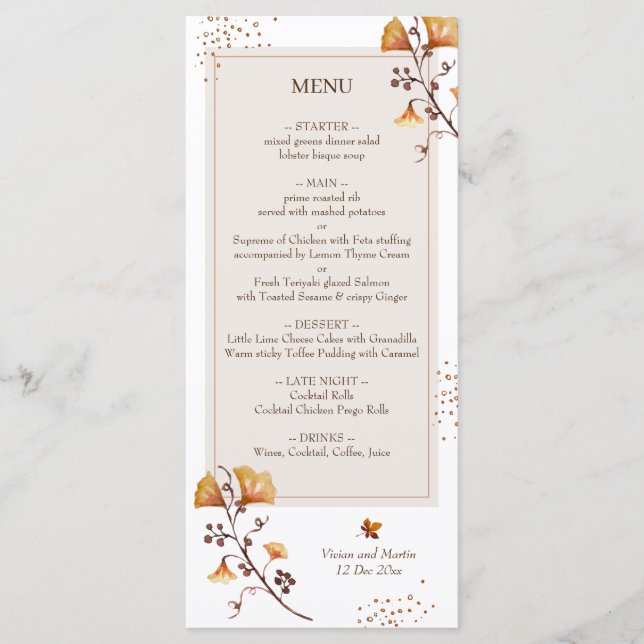 Menu Elégant Mariage de feuille d'automne doré (Devant)