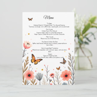 Menu Élégant Mariage de Fleurs Sauvages et de Papillons