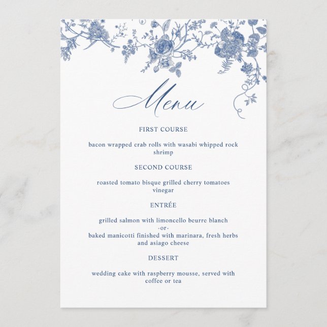 Menu Élégant Mariage de Floral Bleu Victorien Français (Devant)
