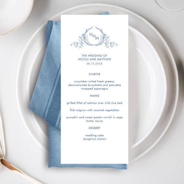 Menu Élégant Mariage de Monogramme Bleu (Créateur téléchargé)