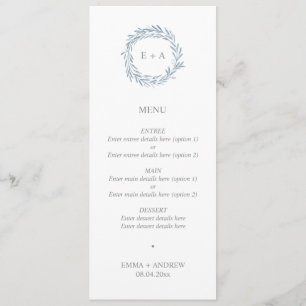 Menu Élégant Mariage de monogramme de couronne bleu