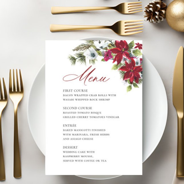 Menu Élégant Mariage de Noël Rouge Poinsettia (Créateur téléchargé)