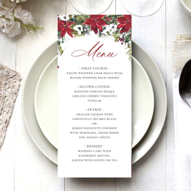 Menu Élégant Mariage de Noël Rouge Poinsettia (Créateur téléchargé)