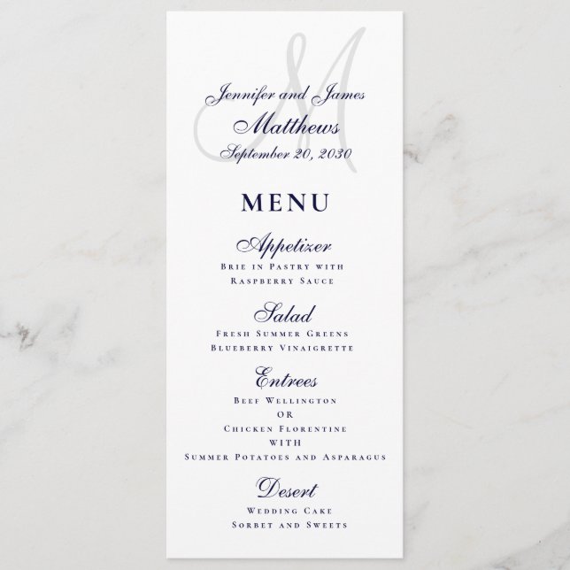 Menu Élégant Mariage de script bleu marine de la marine (Devant)