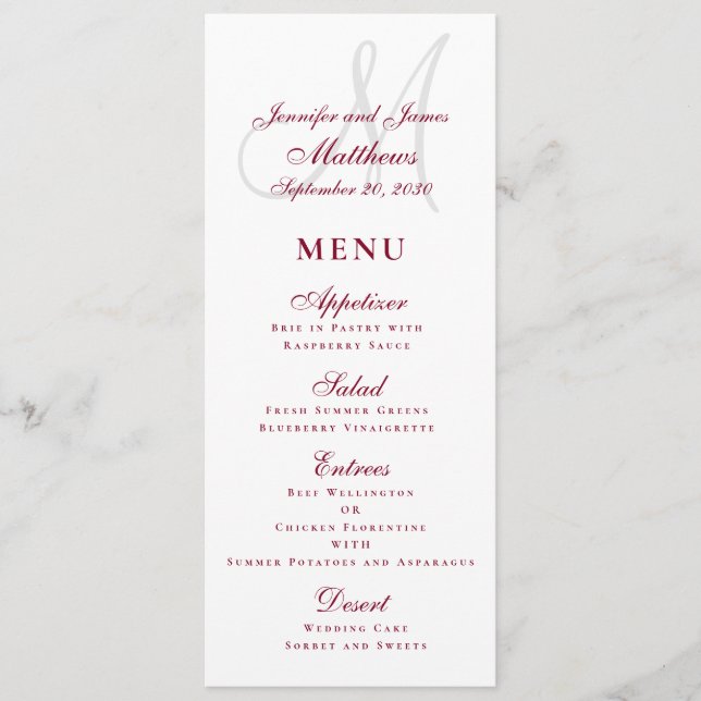 Menu Élégant Mariage de script de monogramme de Bourgog (Devant)