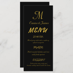 Menu Élégant Mariage de script de monogramme noir et or