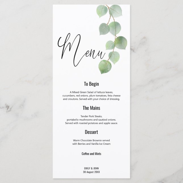 Menu Élégant mariage de script Eucalyptus Gold Green (Devant)