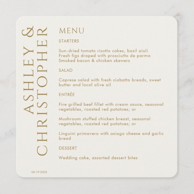 Menu Élégant Mariage d'or moderne (Devant)