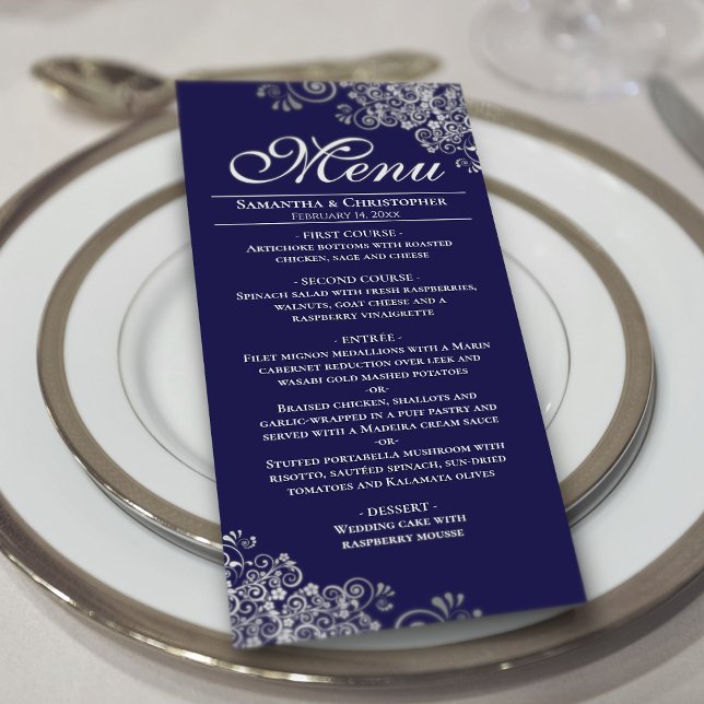 Menu Élégant Mariage en argent sur bleu marine (On Plate)