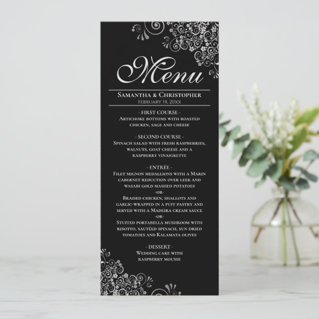 Menu Elégant Mariage en argent sur noir (Debout devant)