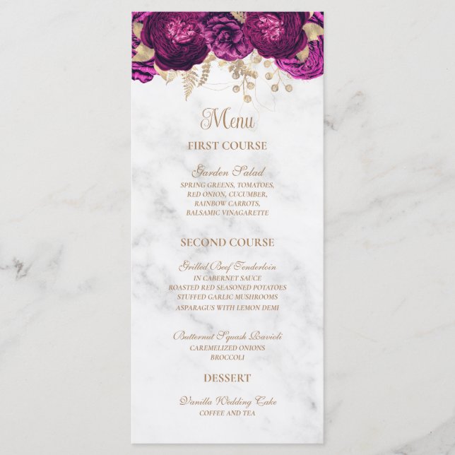 Menu Élégant Mariage en marbre d'or floral Fuchsia (Devant)