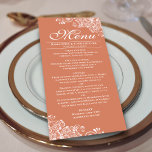 Menu Élégant Mariage en terre cuite corail et boucles b<br><div class="desc">Ce beau menu couleur corail en terre cuite ajoutera un peu de style à votre réception de mariage. Il présente un design simple mais beau avec des lettres de script élégantes et orné de boucles et de tourbillons blancs décoratifs dans les coins. Il y a de l'espace pour les noms...</div>