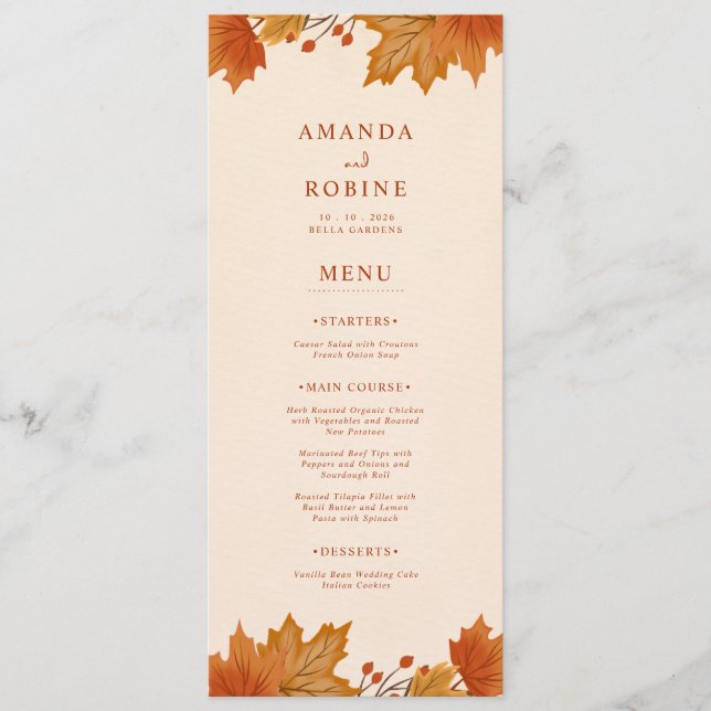 Menu Élégant Mariage Feuilles d'Érable d'Automne (Devant)