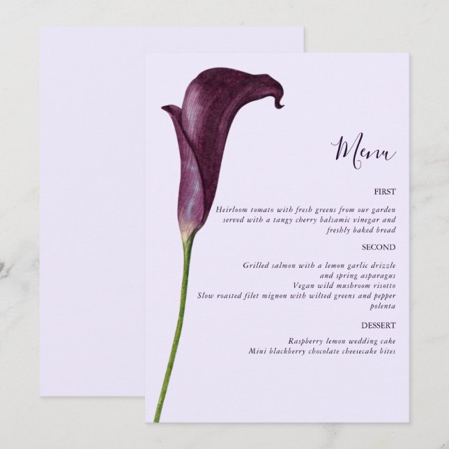 Menu Élégant mariage fleur de lys calla pourpre (Devant / Derrière)
