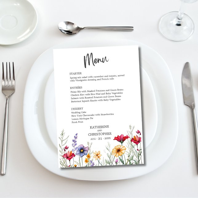 Menu Élégant Mariage Fleur sauvage coloré (Elegant Colorful Watercolor Wildflowers Wedding Menu with Menu Options, Pink Purple Yellow Flowers.)