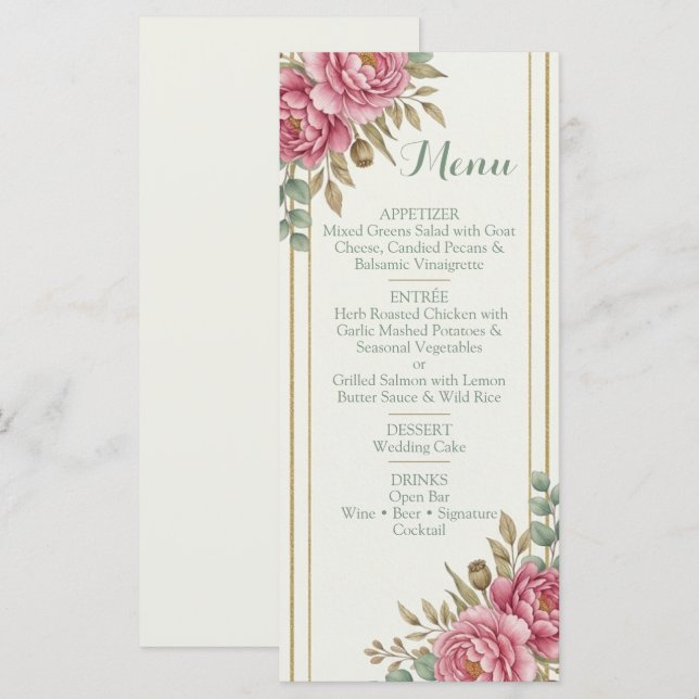 Menu Élégant Mariage Fleurs de Rosier Eucalyptus Teinté (Devant / Derrière)