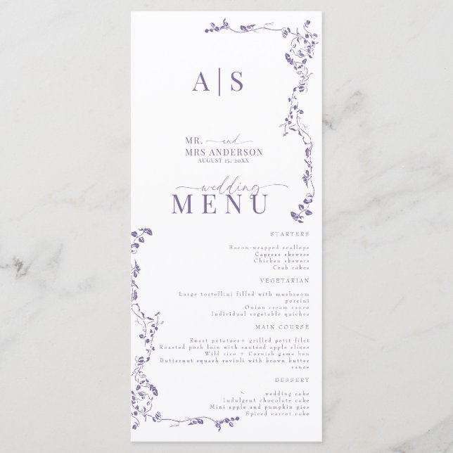 Menu Élégant Mariage floral (Devant)