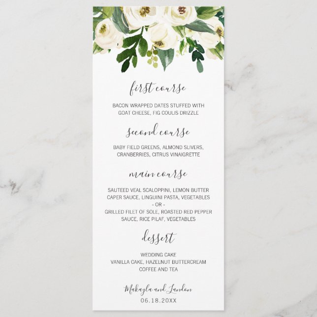 Menu Élégant mariage floral blanc aquarelle verdure (Devant)