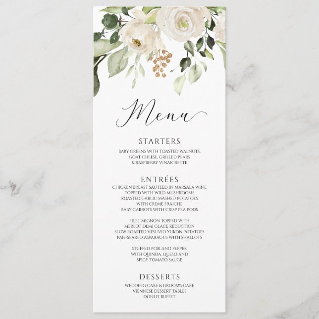 Menu Élégant mariage floral blanc de verdure feuillage (Devant)
