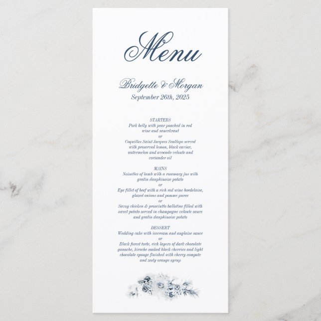 Menu Élégant Mariage Floral Bleu (Devant)