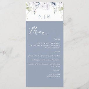Menu Elégant Mariage floral bleu et blanc Dusty