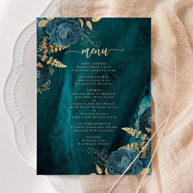 Menu Élégant mariage floral bleu sarcelle or (Créateur téléchargé)