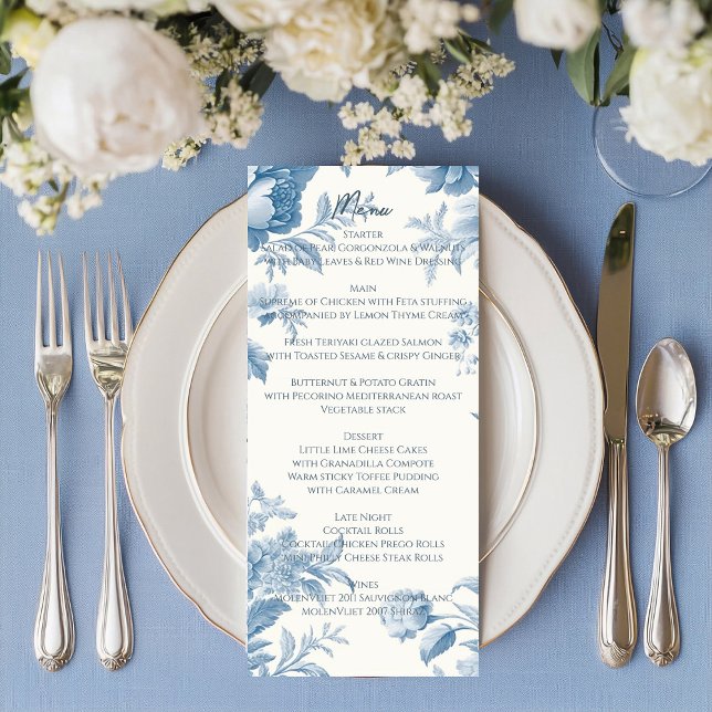 Menu Élégant Mariage Floral bleu toile française (Créateur téléchargé)