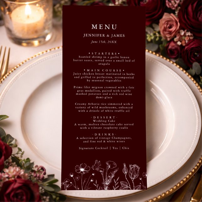 Menu Élégant Mariage Floral Bourgogne  (Créateur téléchargé)