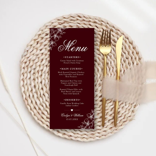 Menu Élégant Mariage Floral Bourguignon Calligraphie Mo (Elegant burgundy floral wedding menu with modern calligraphy and timeless elegance.)
