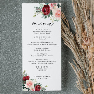 Menu Élégant Mariage floral Burgundy Blush