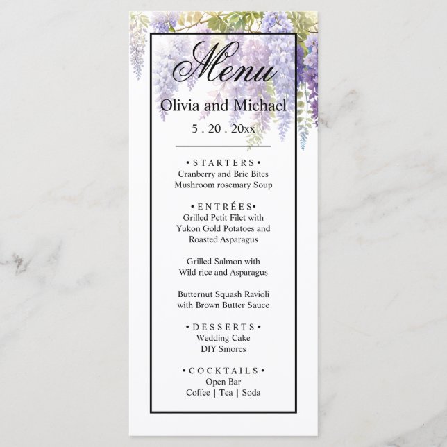 Menu Élégant mariage floral de glyteria couleur pourpre (Devant)