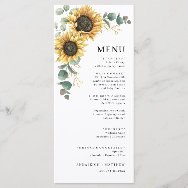 Menu Élégant Mariage floral de tournesol Eucalyptus (Devant)