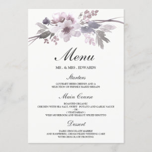 Menu Élégant Mariage floral d'hiver violet gris